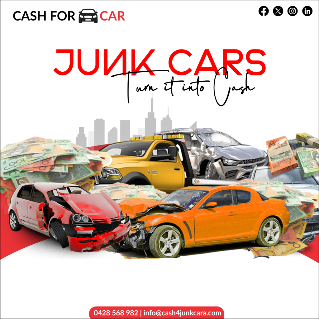 An old car being towed by a Cash4Junk Car truck in Brisbane.