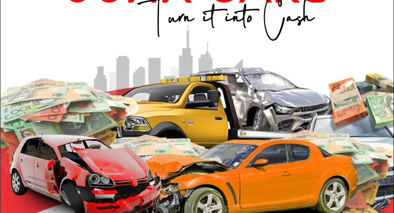 An old car being towed by a Cash4Junk Car truck in Brisbane.